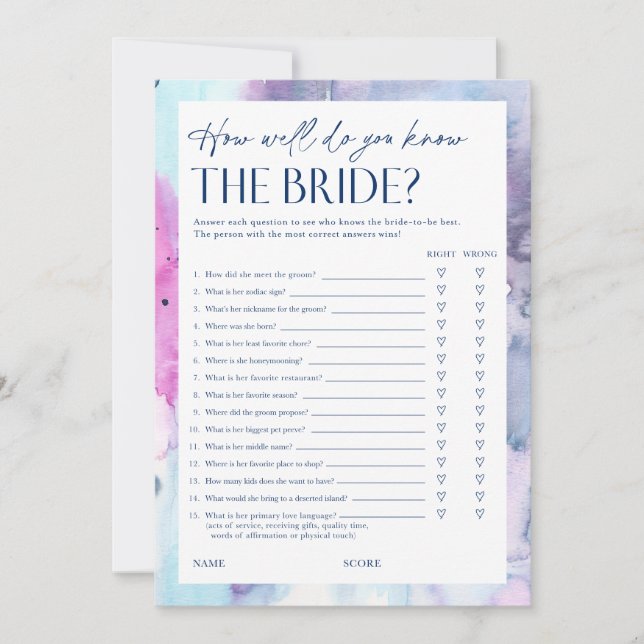 Carte de jeu de questionnaire de douche de mariage (Devant)