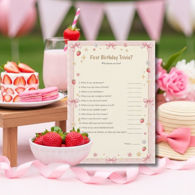 Carte de jeu de quiz pour le premier anniversaire  (Bow First Birthday Trivia game card)