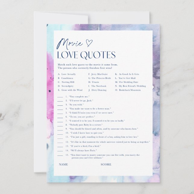 Carte de jeu de shower de mariage avec des citatio (Devant)