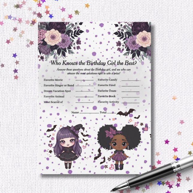 Carte de jeu de trivia pour une fille d'anniversai (Spooky Gothic Birthday girl Trivia Game card)