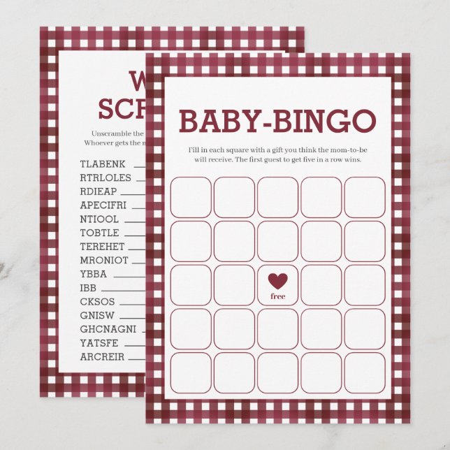 Carte de jeu double pour Baby Shower Gingham Rusti (Devant / Derrière)