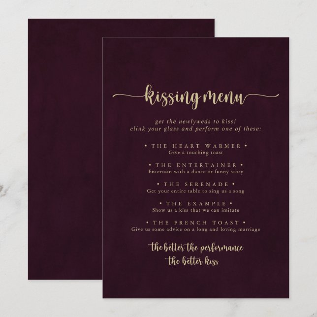 Carte de jeu Gold Burgundy Mariage Kissing Menu (Devant / Derrière)