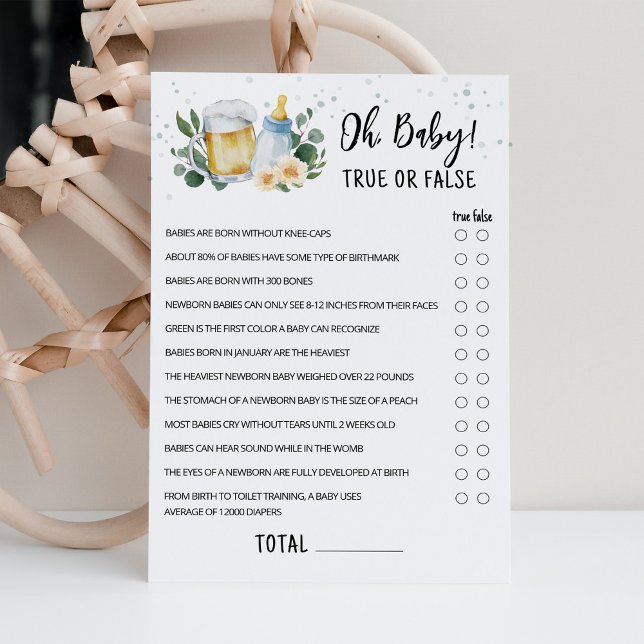 Carte de jeu Greenery Baby Is Brewing True Or Fals (Beer Sage Green Baby Shower Oh Baby True or False Game)