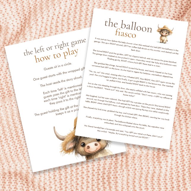 Carte de jeu Highland Cow Left or Right Baby showe (Front and back view)