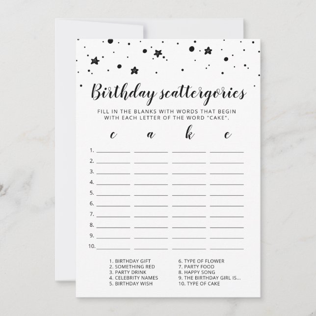Carte de jeu modifiable pour Scattergories d'anniv (Devant)