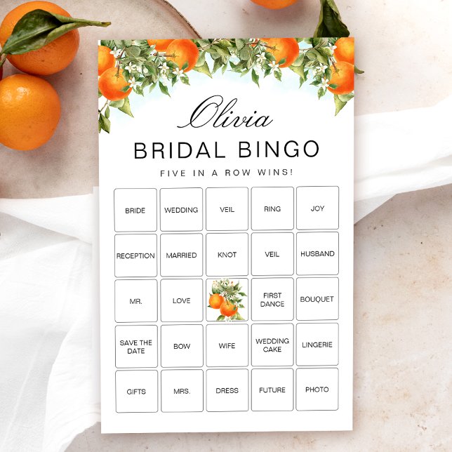 Carte de jeu Orange Citrus Bingo Fête des mariées (Créateur téléchargé)