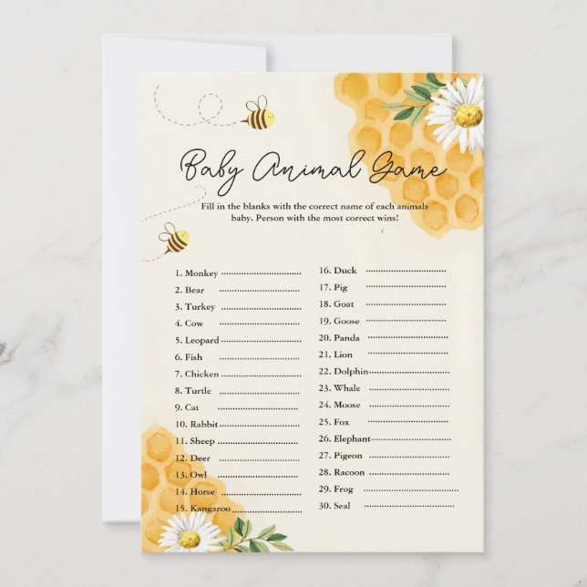 Carte de jeu pour Baby Shower d'animaux bébé abeil (Devant)