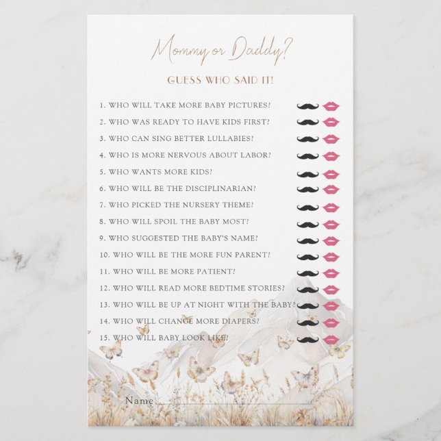 Carte de jeu pour Baby Shower 'Maman ou Papa' (Devant)