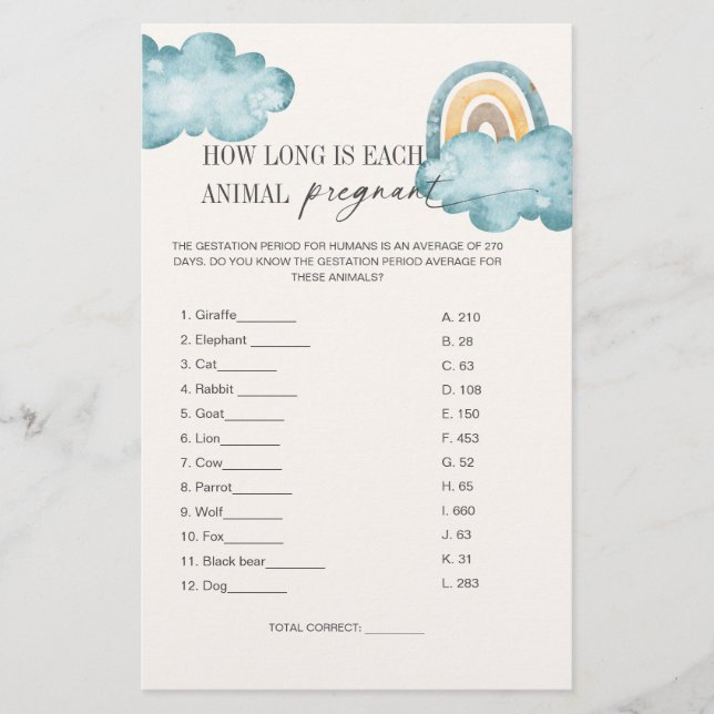 Carte de jeu pour baby shower sur la gestation des (Devant)
