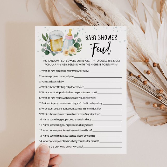 Carte de jeu rose de Baby Shower Feud de Greenery  (Beer and Floral Baby Shower  Feud Game)