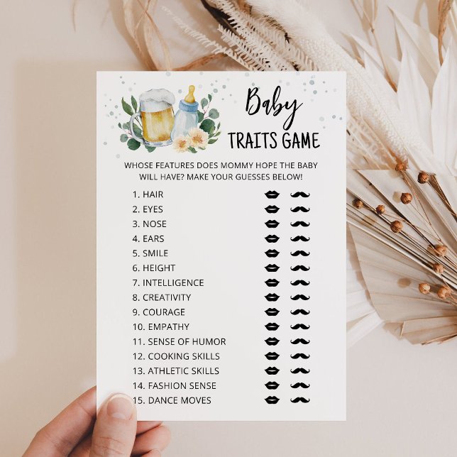 Carte de jeu Traits de bébé La verdure Baby Is Bre (Beer and Floral Baby Shower Download Game Baby Traits Game Card)