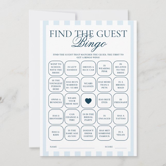 Carte de jeu 'Trouvez l'invitée' à rayures bleues  (Devant)