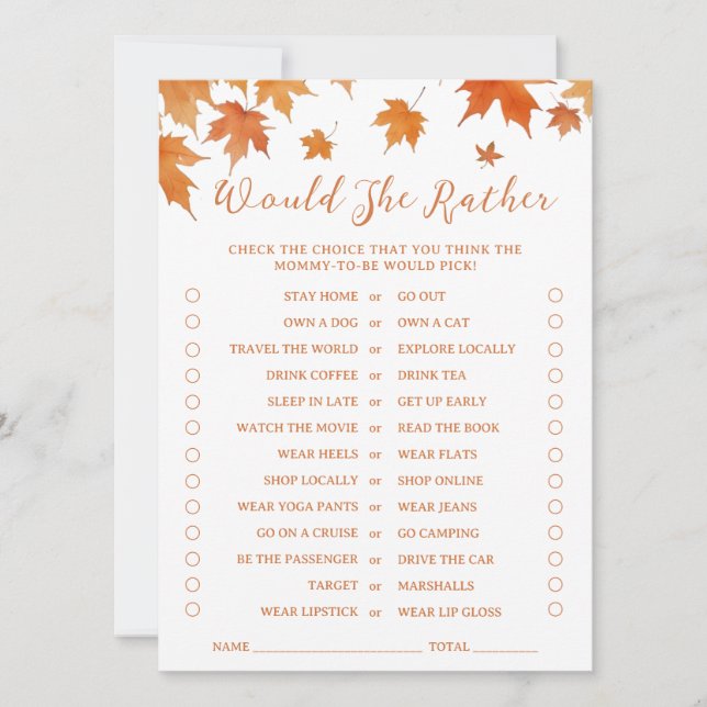 Carte de jeu 'Would She Rather' pour Baby Shower d (Devant)