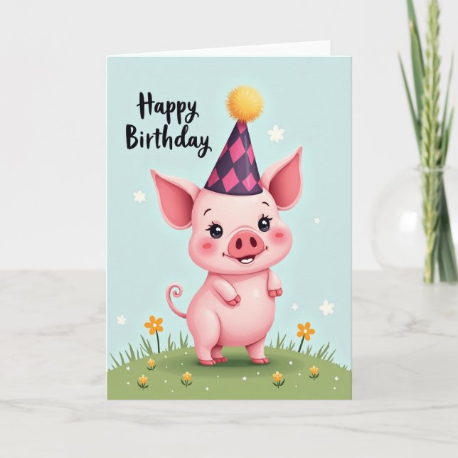 Carte de joie d'anniversaire de petit cochon rose (Devant)