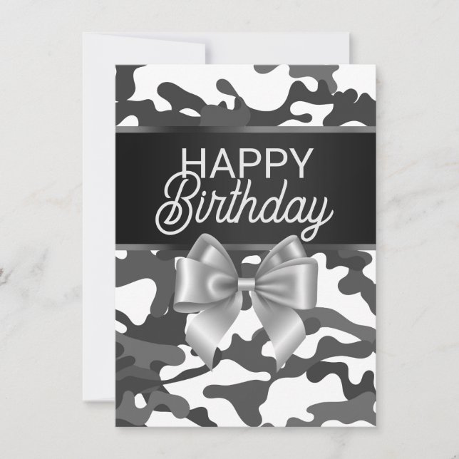 Carte de Jour d'Anniversaire White Camo & Bow (Devant)