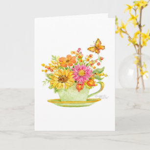 Carte de jour d'automne de tasse de thé en pensant