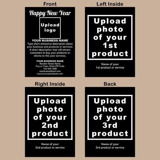 Carte de jour de l'année Noir plié (Black folded holiday card for New Year with your business brand and products or services.)