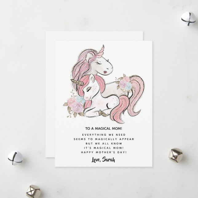 Carte de jour des mères de licorne rose florale (Devant/Arrière en situation)