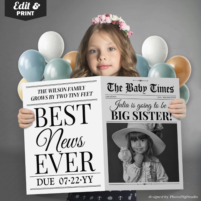 Carte de journal d'annonce de bébé pour grande sœu (Big Sister Baby Announcement Newspaper Card)