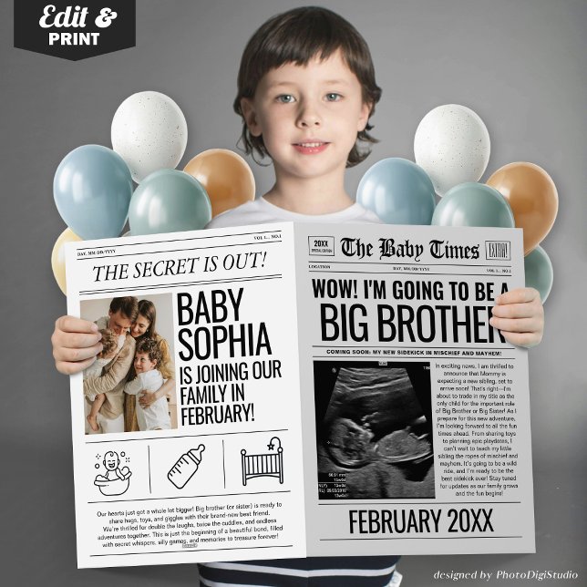 Carte de journal d'annonce de grossesse de Grand F (Fun Baby Announcement Newspaper, I'm Going to be A Big Brother Pregnancy Announcement Newspaper Card)