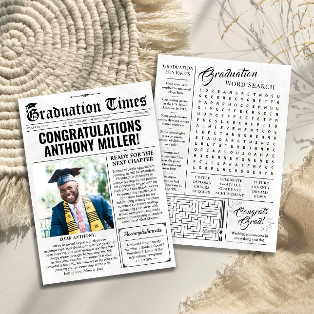 Carte de journal d'annonce de remise de diplôme pe (Custom Graduation Newspaper, Graduation Announcement Card)