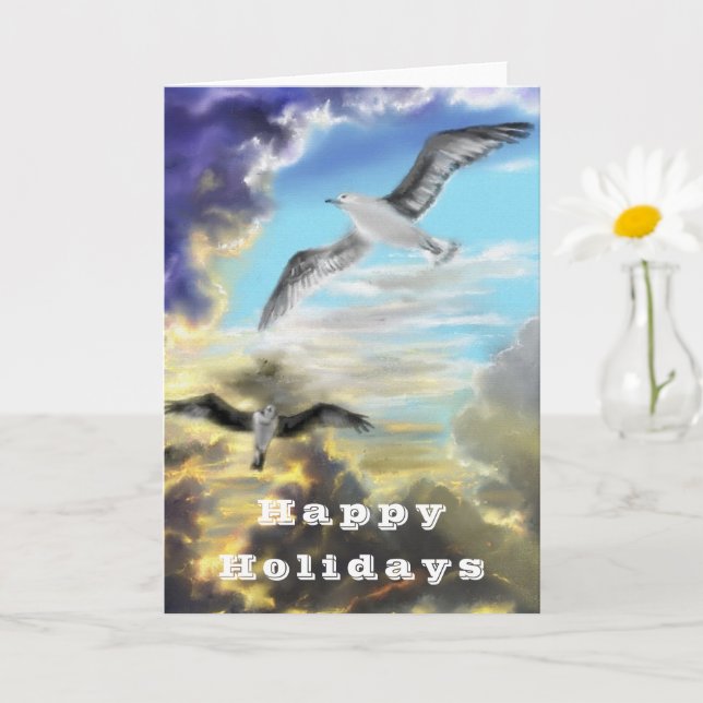 Carte de Joyeuses Vacances avec oiseaux volants (Petite plante)