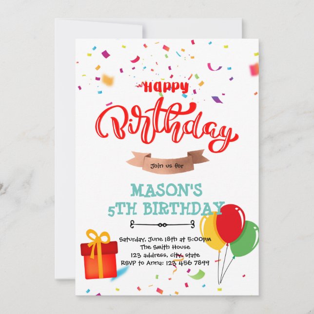 Carte de joyeux anniversaire avec ballon, confetti (Devant)