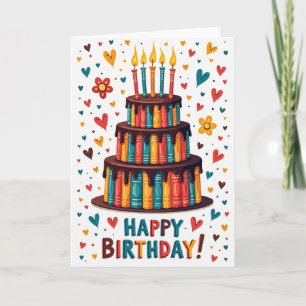 Carte de joyeux anniversaire avec gâteau de livres