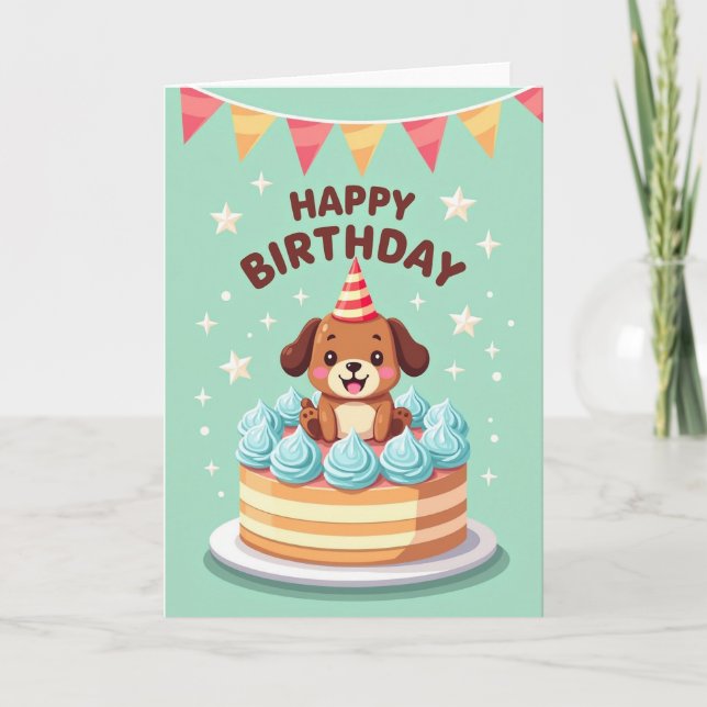 Carte de joyeux anniversaire avec gâteau et chiot  (Devant)