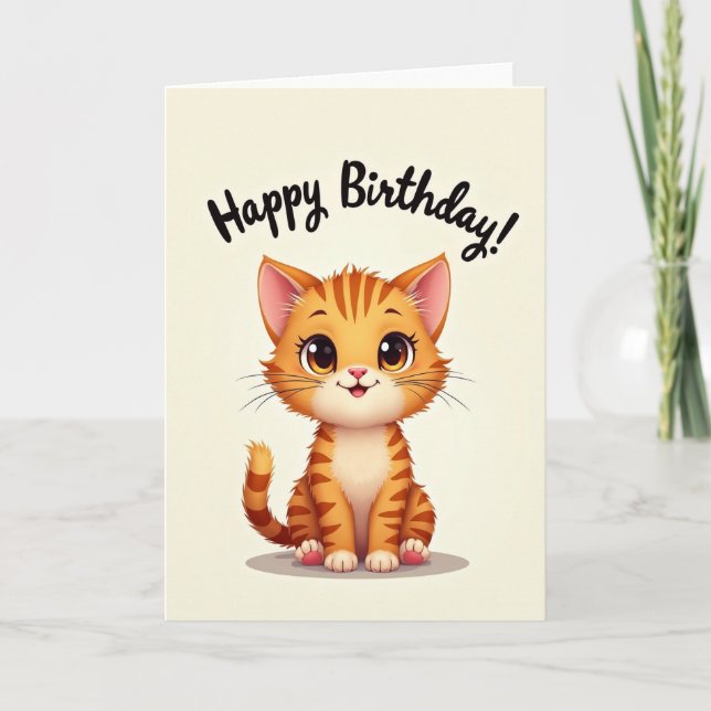 Carte de joyeux anniversaire avec un chat rayé (Devant)