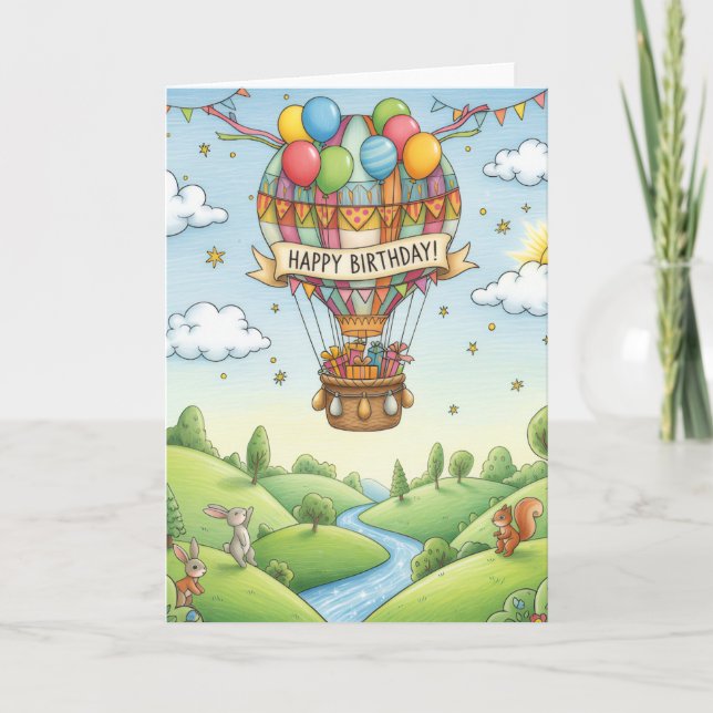 Carte de joyeux anniversaire en bois avec montgolf (Devant)