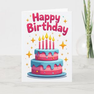 Carte de Joyeux Anniversaire Rose Bleu Gâteau