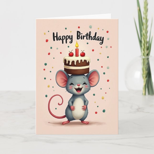 Carte de Joyeux Anniversaire Souris Gâteau (Devant)