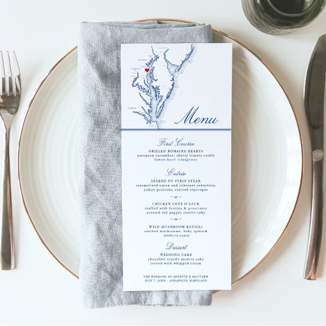 Carte de la baie Annapolis Chesapeake Élégant Scri (These Chesapeake Bay Wedding Menus in Navy Blue are perfect for your Annapolis destination wedding)