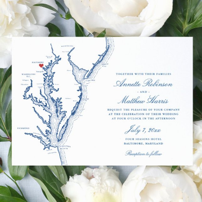 Carte de la baie de Chesapeake à Baltimore MD Mari (Elegant Baltimore Maryland map wedding invitation with navy blue map of the Chesapeake Bay)