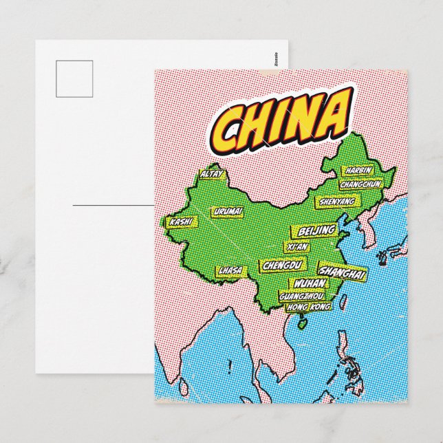 Carte de la Chine illustrée par Pop Art (Devant / Derrière)