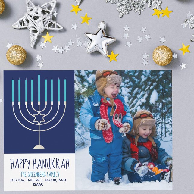 Carte de la famille Hanoukka Photo Blue Menorah (Créateur téléchargé)