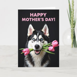 Carte de la fête des mères Chien aux Tulipes