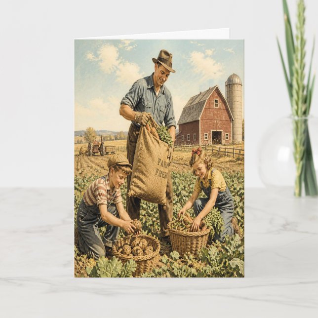 Carte de la Fête des Pères scène de ferme rétro (Devant)