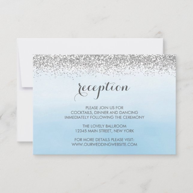 Carte de la réception de mariage en argent et bleu (Devant)