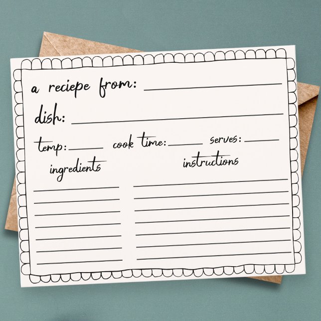 Carte de la recette de la douche à gribouillis des (hand drawn doodle scallop border recipe card bridal shower card wedding shower games activities)