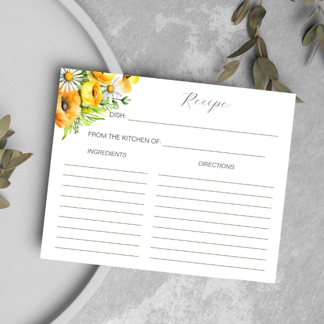 Carte de la recette de la douche nuptiale des fleu (Spring summer yellow flowers bridal shower recipe card)