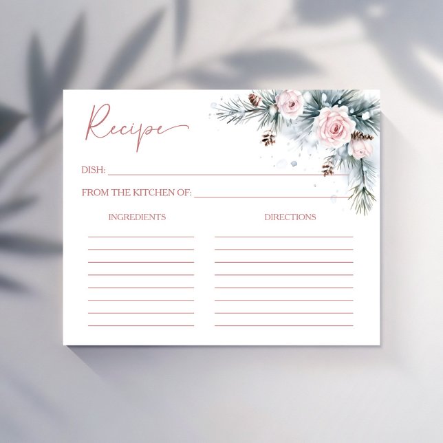 Carte de la recette de la douche nuptiale des pins (Winter bridal shower recipe cards snowy pines blush pink roses recipe cards)