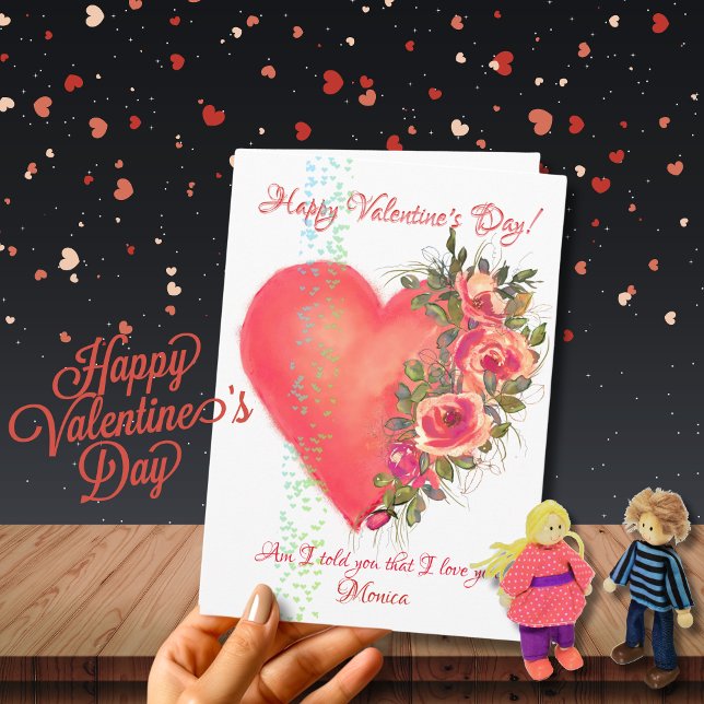 Carte de la Saint-Valentin avec cœur rose rouge et (Red Heart with Flowers Valentine's Day Card)