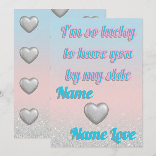 Carte de la Saint-Valentin avec cœurs argentés en  (Devant / Derrière)