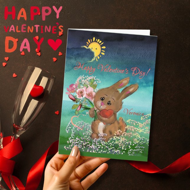 Carte de la Saint-Valentin avec lapin et fleurs (Bunny with heart and flower for Valentine's Day Card , for kids, sister, mother, lover, girlfriend)