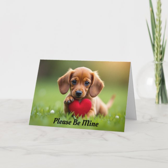 Carte de la Saint-Valentin avec un chiot tenant un (Devant)