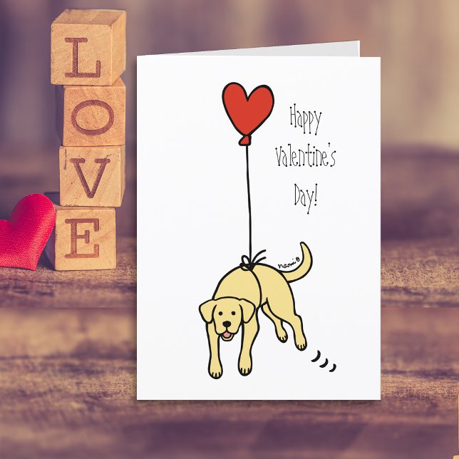 Carte de la Saint-Valentin ballon coeur Labrador j (Yellow Labrador Heart Balloon Valentine's Day Cards for Labrador Owners.  Cartoon Art Design.)