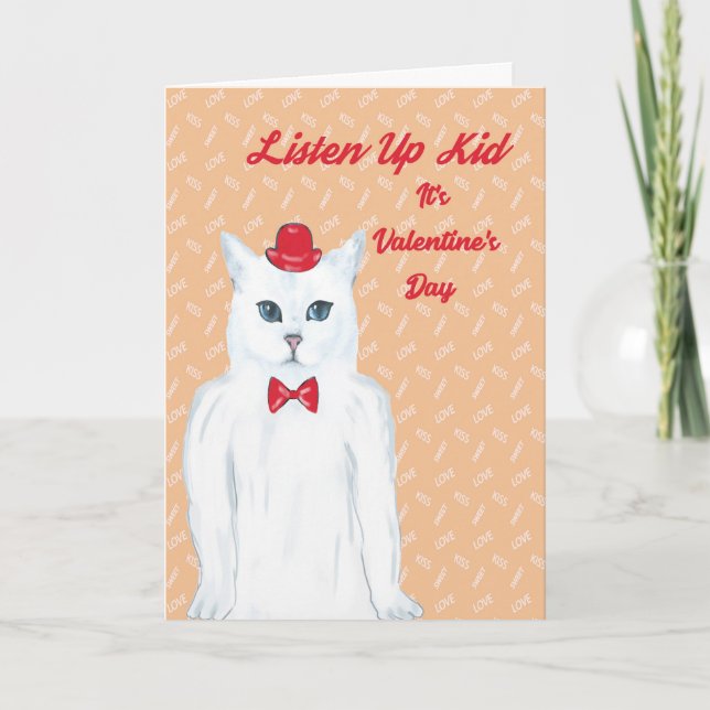 Carte de la Saint-Valentin Chat Blanc, Chapeau, Nœ (Devant)