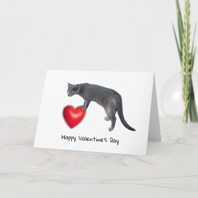 Carte de la Saint-Valentin Chat Gris Tenant un Cœu (Devant)